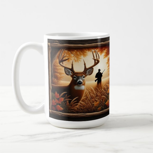 Caneca De Café Cervo de Outono e Silhueta de Caçador na Floresta (Esquerda)