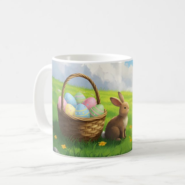 Caneca De Café Cesta de Páscoa de Coelhinho em Prado de Primavera (Frente Esquerda)