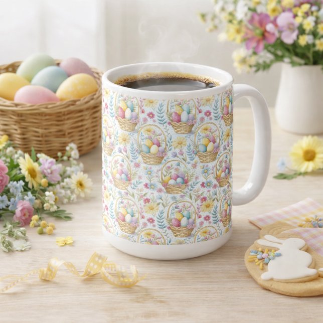 Caneca De Café Cesta de Páscoa Pastel com Padrão de Flores de Pri (Criador carregado)