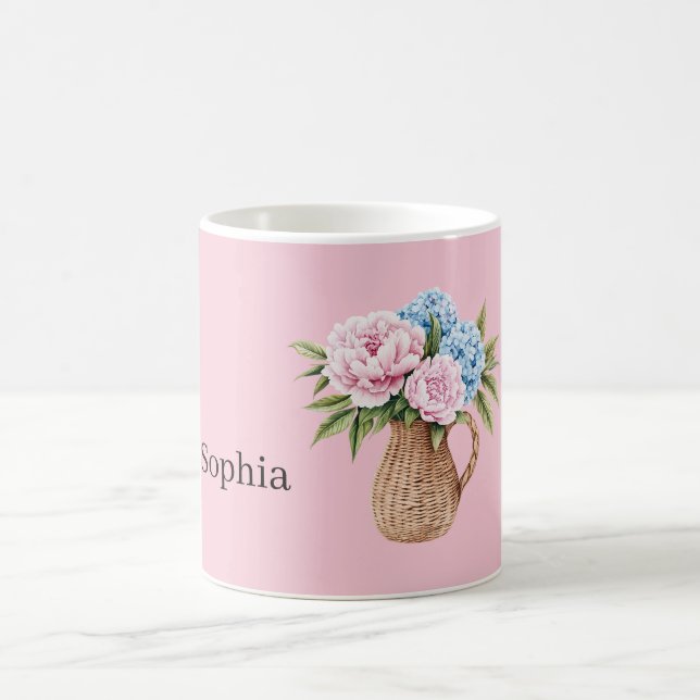 Caneca De Café Cesta Tecida com Flores Azuis Rosa (Centro)