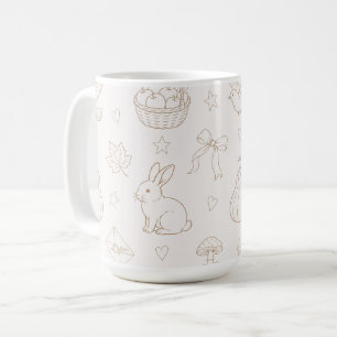 Caneca De Café Cestas de esboço marrom creme Pássaros Coelhinhos