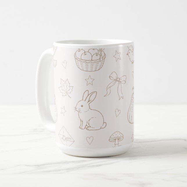 Caneca De Café Cestas de esboço marrom creme Pássaros Coelhinhos (Frente Esquerda)