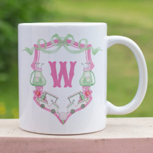 Caneca De Café Cesto do Monograma do Carrinho de Golfe Rosa e Ver