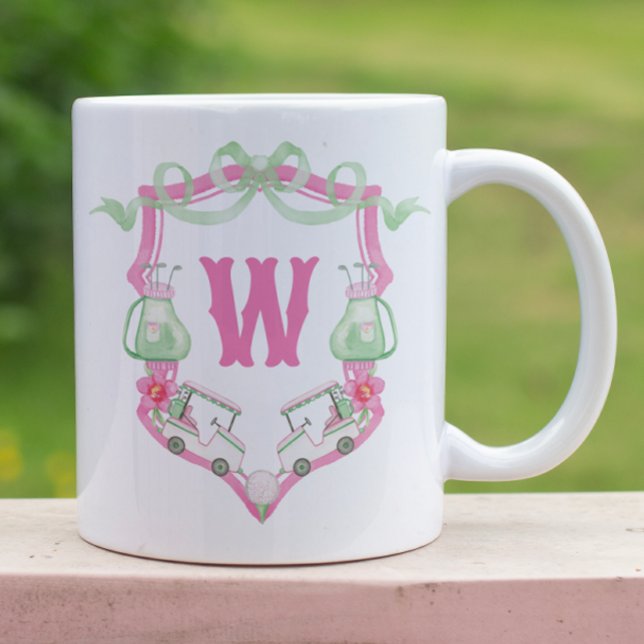 Caneca De Café Cesto do Monograma do Carrinho de Golfe Rosa e Ver (Criador carregado)