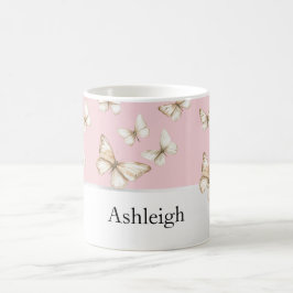 Caneca De Café Céus Rosa Bege e Borboletas
