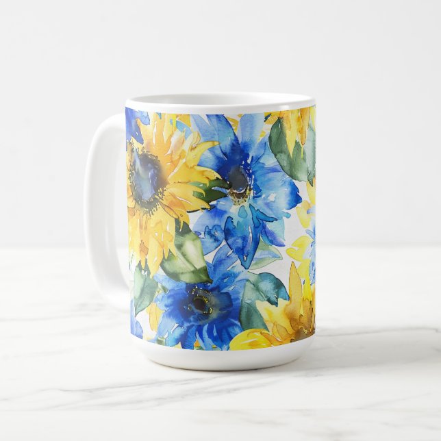 Caneca De Café Chá de Bebê Flores Amarelas Azuis (Frente Esquerda)