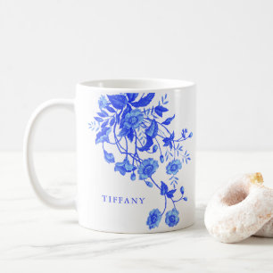 Caneca De Café Chá de Bebê Vintage Francês Toile Azul Floral