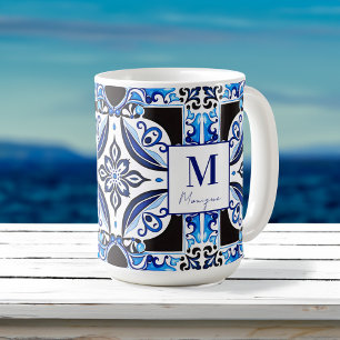 Caneca De Café Chá de panela Azulejo francês azul favorece monogr