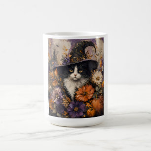 Caneca De Café Chapéu de Bruxa de Gato Preto Vintage Floral de Ou