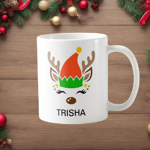 Caneca De Café Chapéu de Elfo Rena de Natal Nome Personalizado Fe