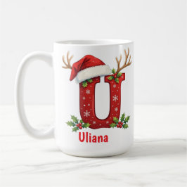 Caneca De Café chapéu de Papai Noel Monograma inicial U Feliz Nat