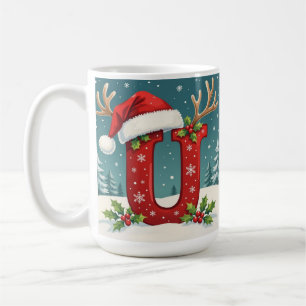 Caneca De Café chapéu de Papai Noel Monograma inicial U Feliz Nat