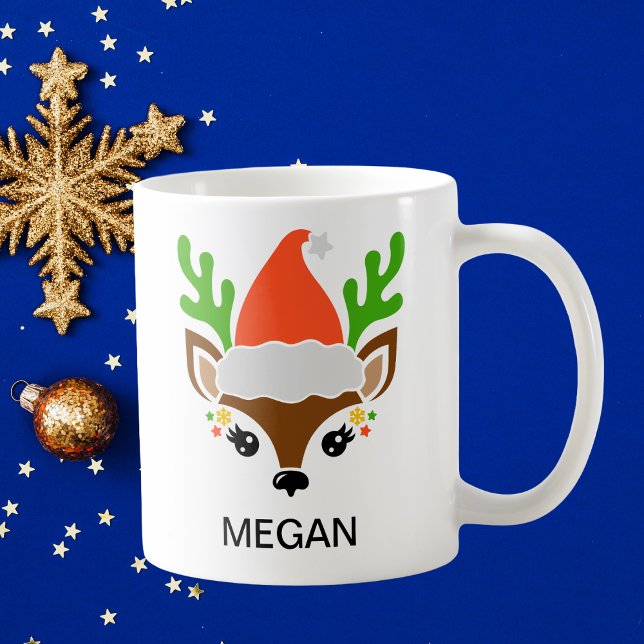 Caneca De Café Chapéu de Papai Noel Rosto de Rena Feriado (Santa Hat Reindeer Face Holiday Coffee Mug
)