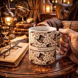 Caneca De Café Chapéu Steampunk Vitoriano Personalizado e Nome em