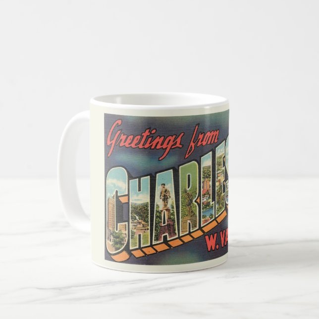 Caneca De Café Charleston WV - Letra Grande Vintage (Frente Esquerda)