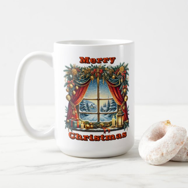 Caneca De Café Charme da Janela de Natal Snowy (Com Donut)