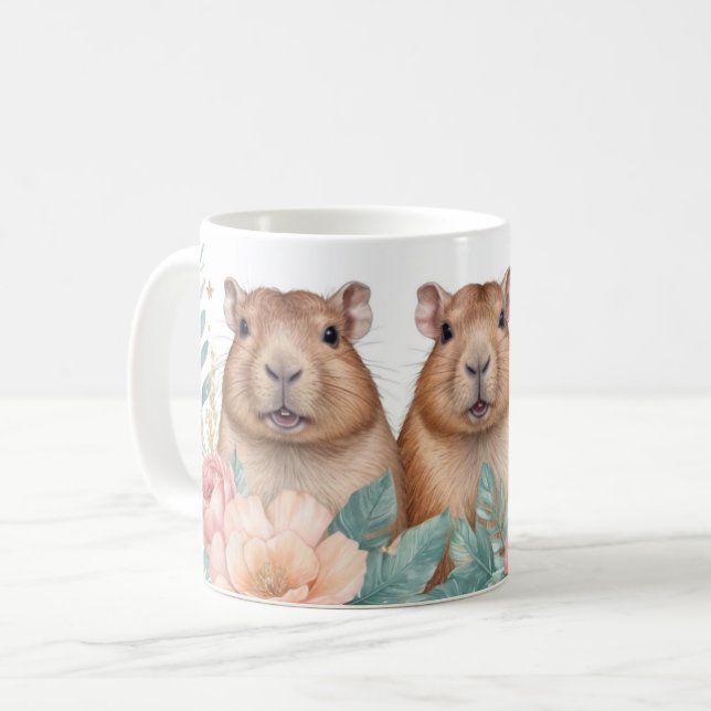 Caneca De Café Charming Capybara Trio e Floral Bliss (Frente Esquerda)