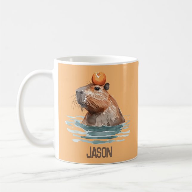 Caneca De Café Charmoso Capybara com laranja e nome infantil (Esquerda)