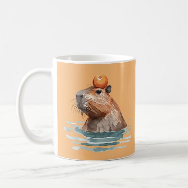 Caneca De Café Charmoso Capybara Cute com Laranja (Esquerda)