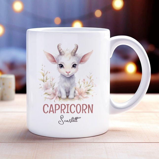 Caneca De Café Charneca de Ilustração de Aquarela com Capricórnio (Cute Watercolor Illustration Capricorn Zodiac Name Coffee Mug)