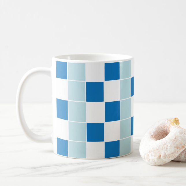 Caneca De Café Checkboard Azul Branco Verificado (Com Donut)