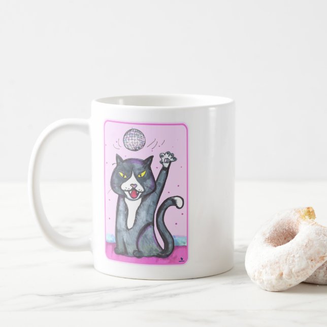 Caneca De Café Cheeky Dancing Disco Ball Cat Cartoon Fun Art (Com Donut)