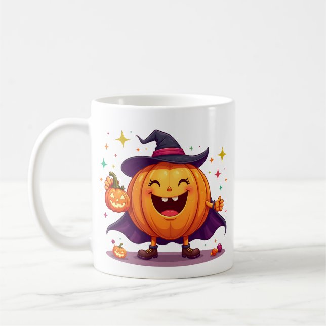 Caneca De Café Cheerful Pumpkin Witch Mug with Halloween Fun (Esquerda)