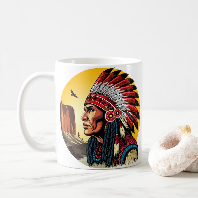 Caneca De Café Chefe Americano Nativo na paisagem selvagem Sunset (Com Donut)