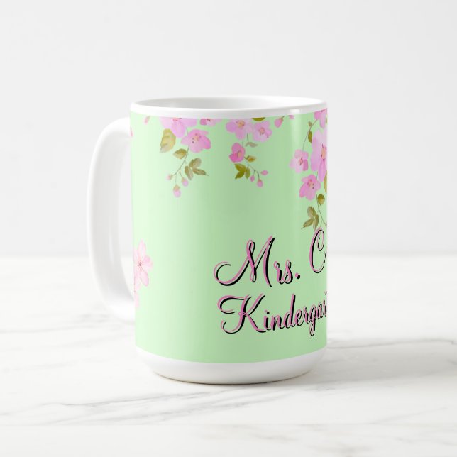 Caneca De Café Cherry Blossom Bonito rosa e verde personalizado (Frente Esquerda)