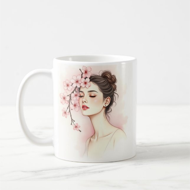 Caneca De Café Cherry Blossom Girl – Watercolor Floral (Esquerda)
