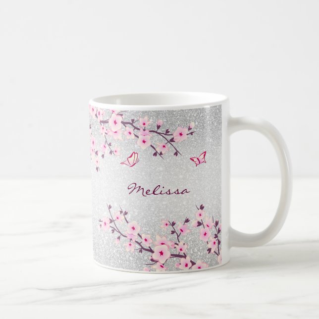 Caneca De Café Cherry Blossomo Silver Glitter Monograma Floral (Direita)