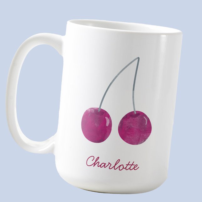 Caneca De Café Cherry Watercolor Personalizado (Sweet cherry watercolor personalized script name coffee mug)