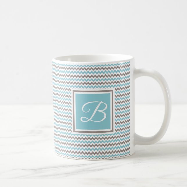 Caneca De Café Chevron Cinza Azul Branco Monograma (Direita)