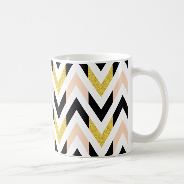 Caneca De Café Chevron Geométrico Preto, Dourado, Rosa e Branco (Direita)