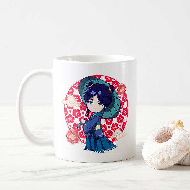 Caneca De Café Chibi Anime Kawaii Kimono (Com Donut)