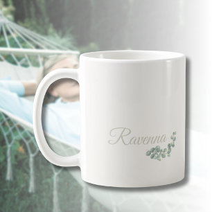 Caneca De Café Chic Eucalipto Sálvia Nome Personalizado Ivory