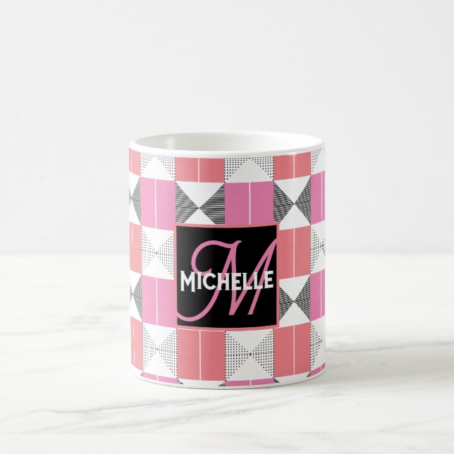 Caneca De Café CHic, rosa e preto, monograma geométrico (Centro)