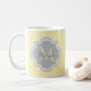 Caneca De Café Chic Yellow Art Deco Scallops Cinza Nome do Monogr