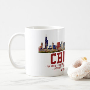 Caneca De Café Chicago Skyline. Nomes e coordenadas de área