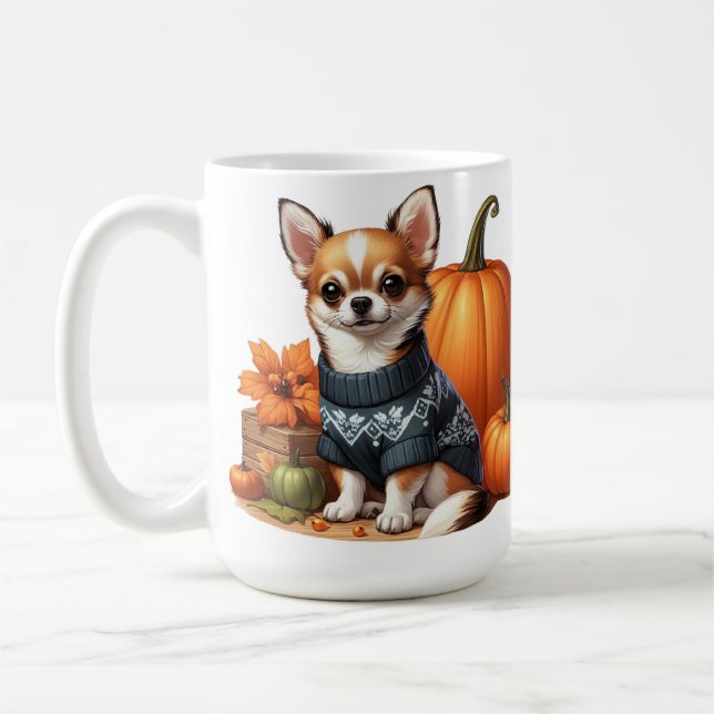Caneca De Café Chihuahua bonitinho em Suéter com Pumpkins (Esquerda)