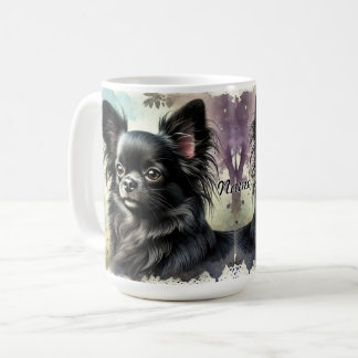 Caneca De Café Chihuahua de Cabelo Longo Negro em Watercolor
