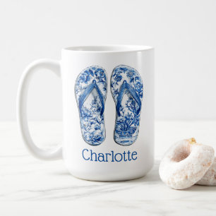 Caneca De Café Chinelos Azul e Branco de Chinoiserie em Listras