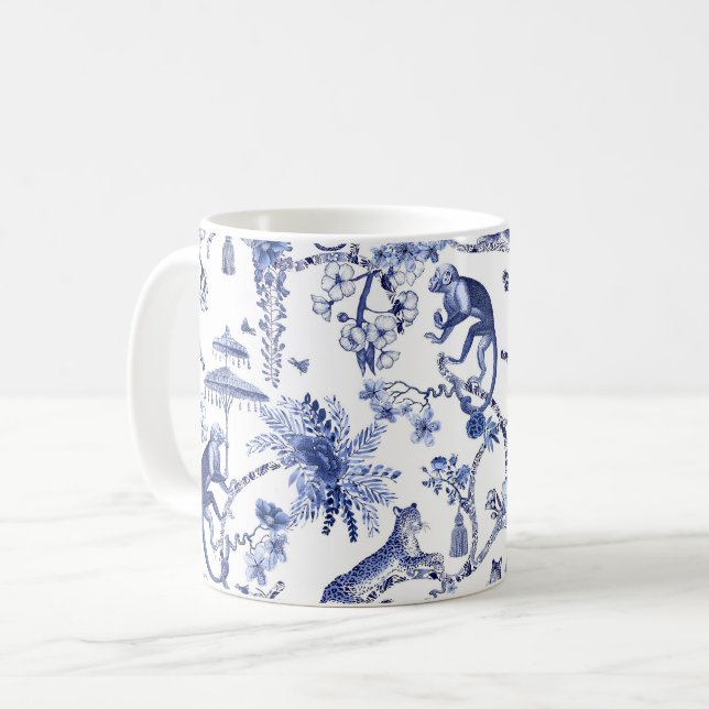 Caneca De Café Chinoiserie Chic Jungle Toile | Azul e branco (Frente Esquerda)
