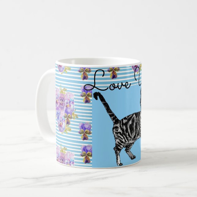 Caneca De Café Chique Blue Stripe Tabby Cat Love Heart (Frente Esquerda)