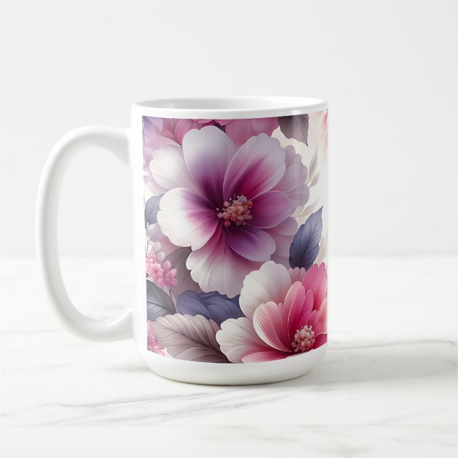 Caneca De Café Chique Floral bonito, rosa e púrpura (Esquerda)