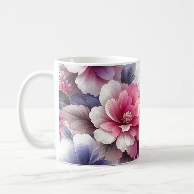 Caneca De Café Chique Floral bonito, rosa e púrpura (Esquerda)
