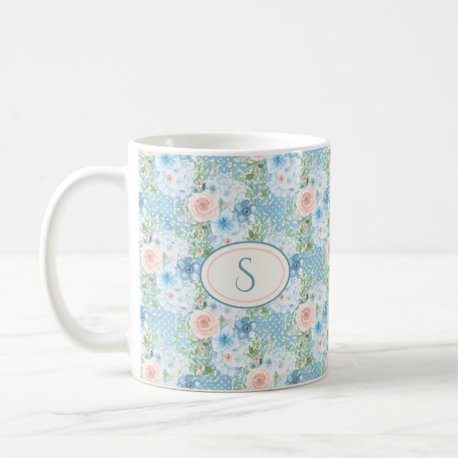Caneca De Café Chique Floral Russo Azul Rosa Monograma (Esquerda)