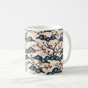 Caneca De Café Chiyogami Japonês Ume Coral Vermelho Índigo Creme