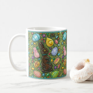 CANECA DE CAFÉ CHOCOLATE LESTE BUNNY, PINTINHO, OVOS, JELLY BEANS