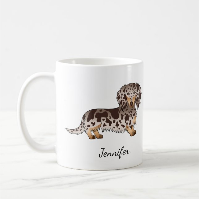 Caneca De Café Chocolate & Tan Dapple Long Hair Dachshund & Name (Esquerda)